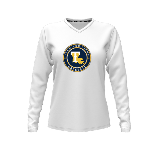 [CUS-DFW-TEES-CMF-VNK-LSL-WHT-FYXS-LOGO1] Decker Comfort T-Shirt (Female Youth XS, White, V Neck, Logo 1, Long Sleeve)