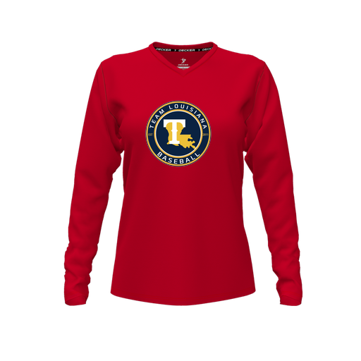 [FTLVCFRD-FYXS-LOGO1] Decker Comfort T-Shirt (Female Youth XS, Red, V Neck, Logo 1, Long Sleeve)